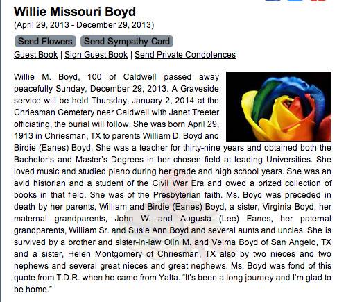 Willie Missouri Boyd, Burleson County, Texas