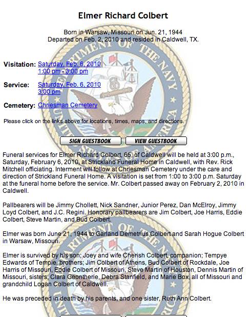 Elmer Richard Colbert, Burleson County, Texas