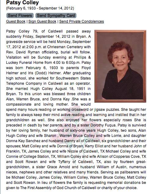 Patsy Colley, Burleson County, Texas