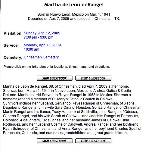 Martha deRangel, Burleson County, Texas