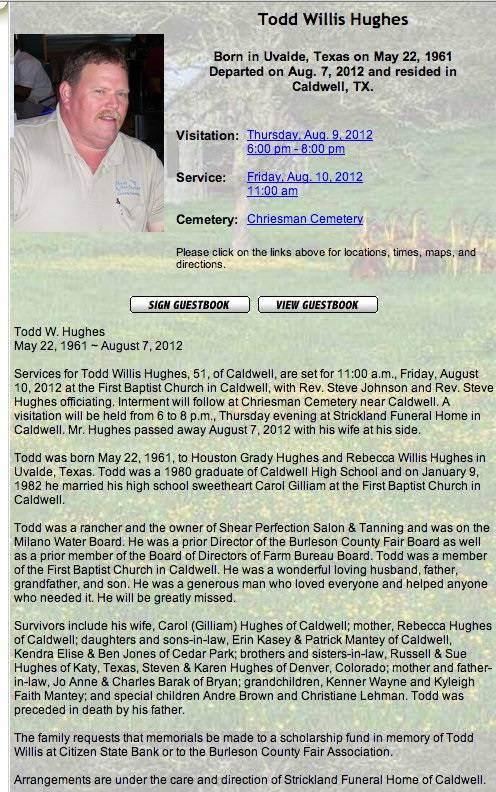 Todd Willis Hughes, Burleson County, Texas