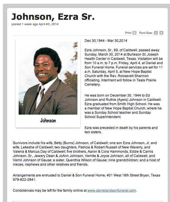 Ezra Johnson, Burleson County, Texas