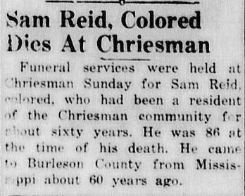 Sam Reid, Burleson County, Texas