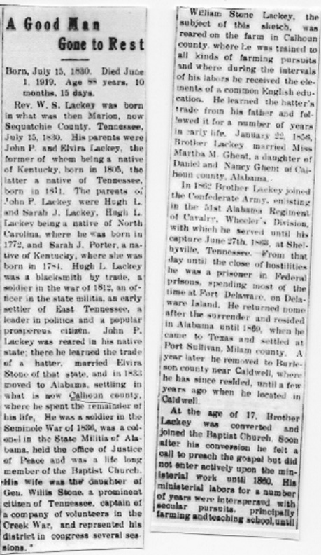 W.S. Lackey, Burleson County, Texas