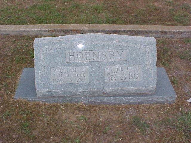 Tombstone of William D. and Hattie (Coan) Hornsby