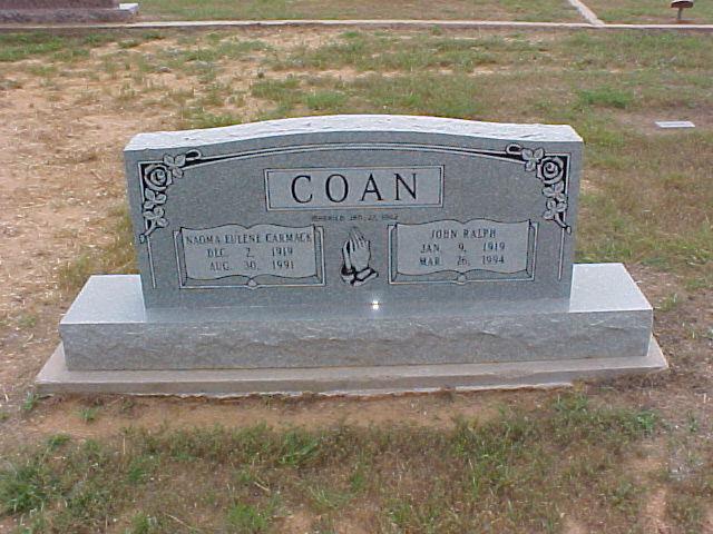 Tombstone of John Ralph and Naoma Eulene (Carmack) Coan