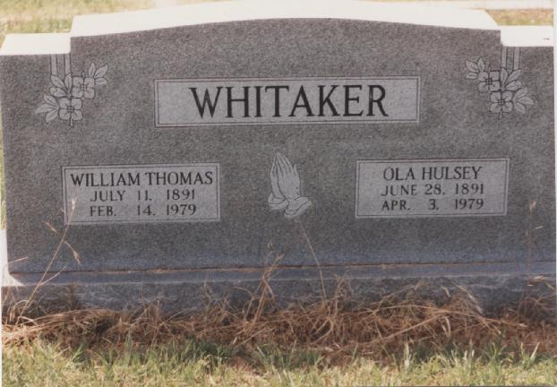 Tombstone of William Thomas and Ola (Hulsey) Whitaker