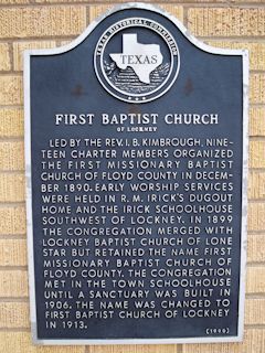 Historical Marker: First Baptist Church of Lockney, Floyd County, Texas